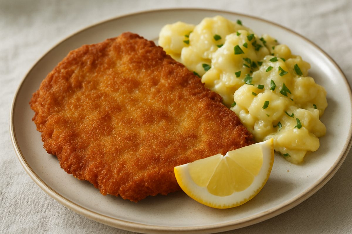En perfekt tillagad schnitzel med citron och potatissallad